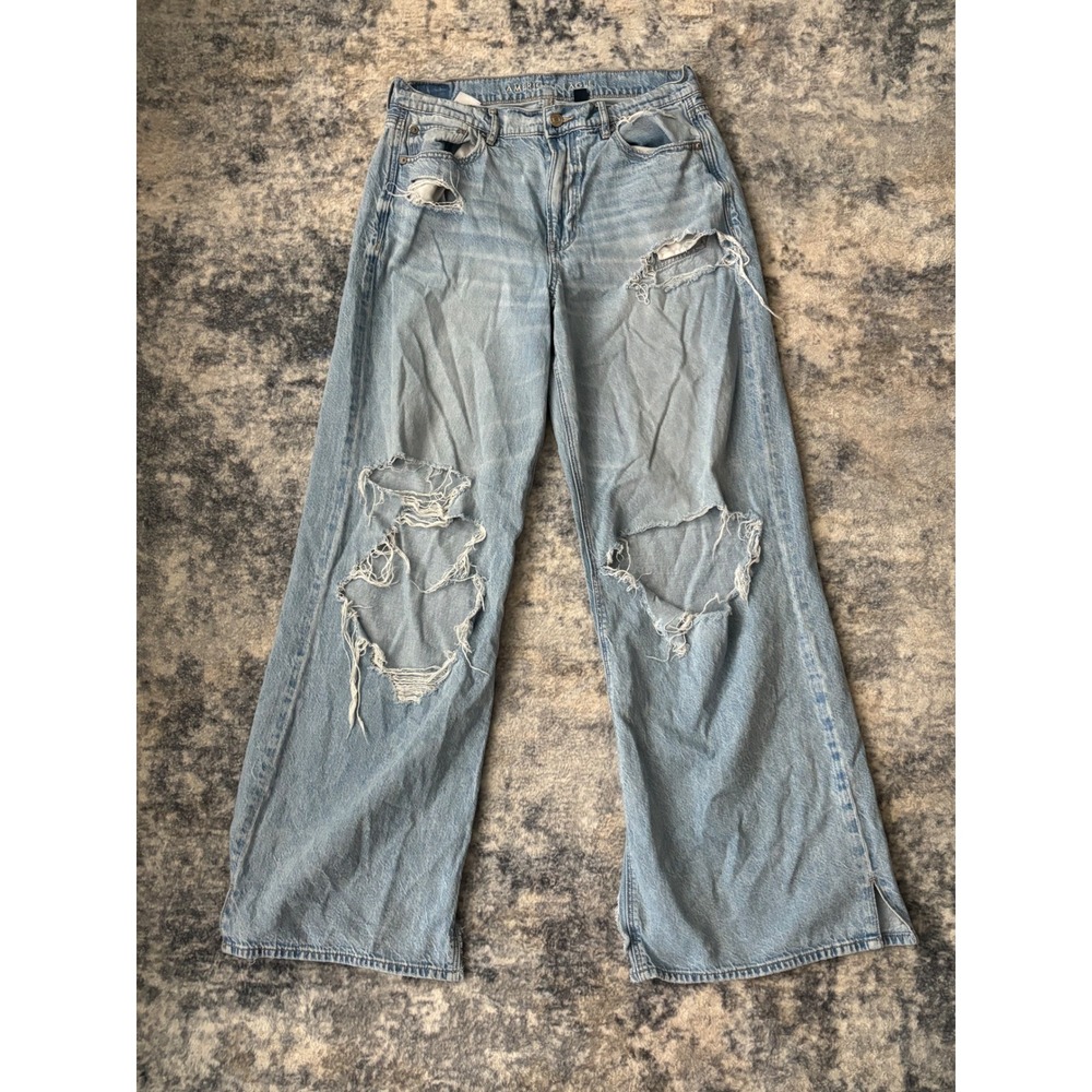 American Eagle Womens Super High Rise Baggy Wide Leg Size 6 Distressed Destroyed